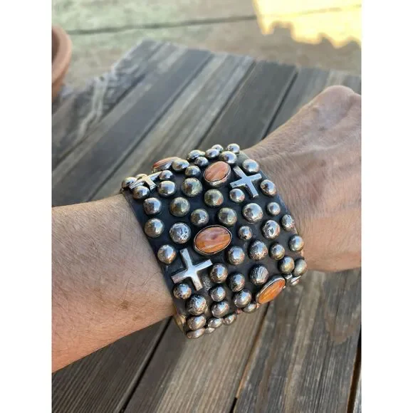 Navajo Sterling Silver & Orange Spiny Cross Bracelet By Chimney Butte Signed